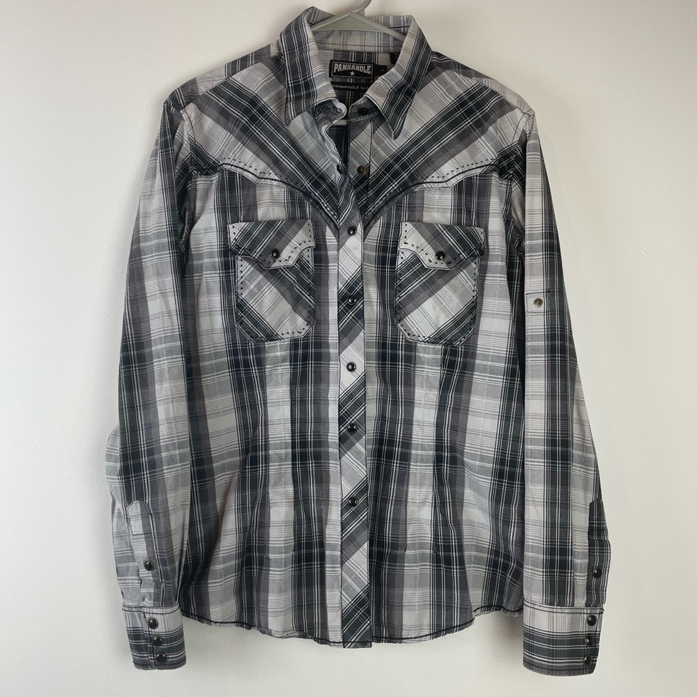 Panhandle Slim Rodeo Western Top Snap Shirt Women’s Size L Fitted Black White